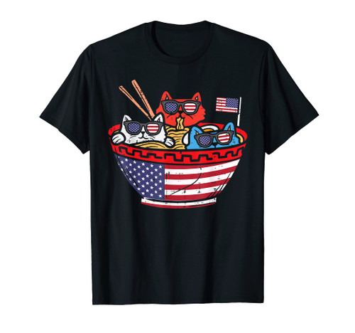 Cats Ramen Anime American Flag USA Funny 4th Of July Fourth T-Shirt