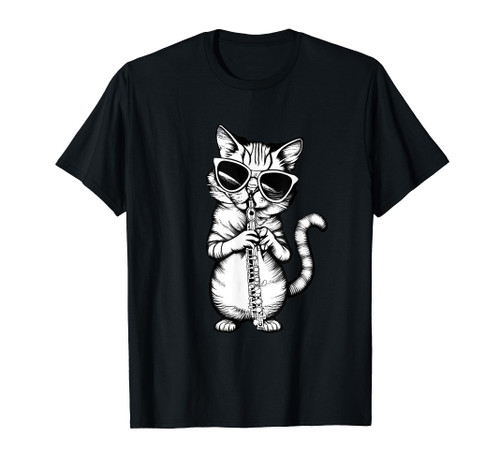 Funny Cat Wearing Sunglasses Playing Flute T-Shirt