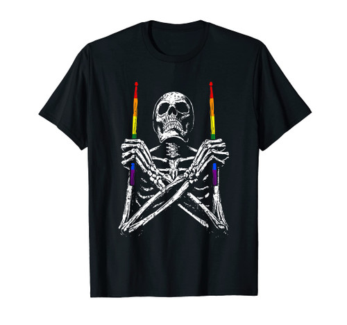 Skeleton Drummer Gay Pride LGBT-Q Rainbow Drum Stick T-Shirt