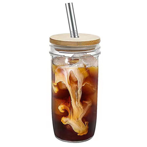 JZSMY 680ml Iced Coffee Cup with Lid Mason Jar Cup, Mason Jar Glass Tumbler, Reusable Boba Cups, Glass Iced Coffee Cup Drinking Tumbler Cup for Bubble Tea, Smoothie, Brew, Soda, Juice