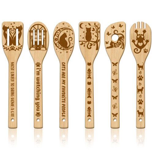 GLOBLELAND 6Pcs Cat Bamboo Cooking Utensils Wooden Engraved Cooking Spoons Set Carving Kitchen Bamboo Spatula Set Wood Cooking Spoon for Kitchen House Warming Gift GLOBLELAND 6Pcs Cat Bamboo Cooking Utensils Wooden Engraved Cooking Spoons Set Carving Kitchen Bamboo Spatula Set Wood Cooking Spoon for Kitchen House Warming Gift