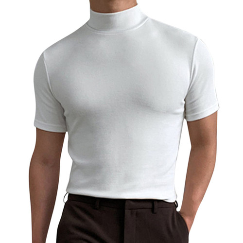 Men's Fashion Mock Turtleneck T-Shirts Short Sleeve Pullover Sweater Basic Undershirt Slim Fit Top White