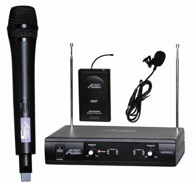 Audio2000'S AWM6022L VHF Dual Channel Wireless System with One Handheld Wireless Microphone, One Wireless Body-Pack Transmitter, and One Lavalier Microphone