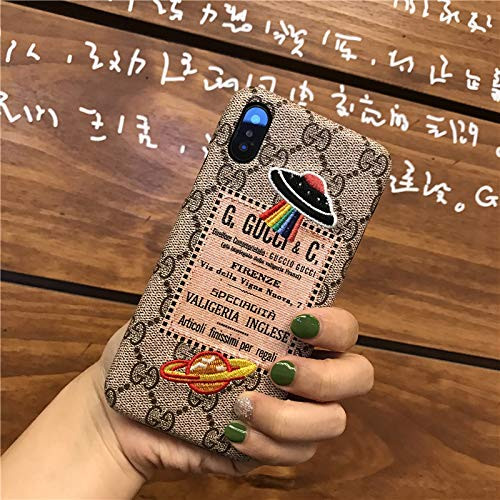 iPhone 8 Plus Case, iPhone 7 Plus Case, Vintage Luxury Designer Monogram UFO Saturn Embroidered Leather Back Cover for iPhone 8 Plus, iPhone 7 Plus