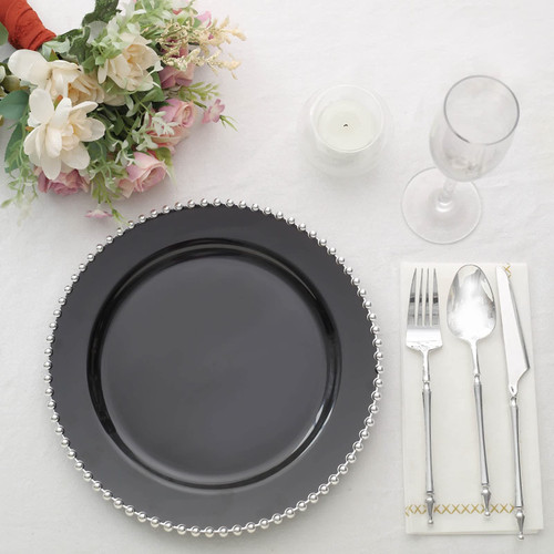 TABLECLOTHSFACTORY 10 Pack | 10" Black/Silver Beaded Rim Plastic Dinner Plates, Disposable Round Party Plates