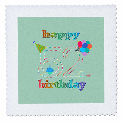 3dRose Happy 52nd Birthday, Cupcake with Candle, Balloons, Hat,... - Quilt Squares (qs_352181_5)