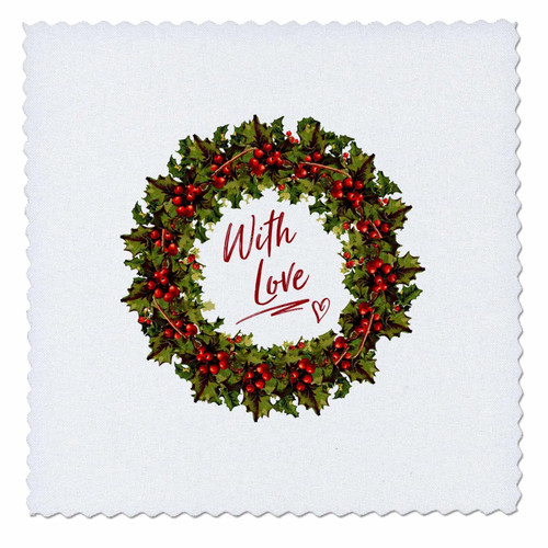 3dRose with Love- Holly Wreath with red Text on White Background - Quilt Squares (qs_352525_5)