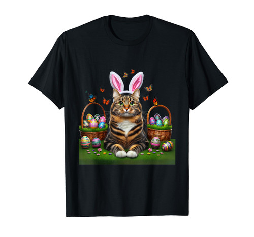 Happy Easter Cute Bunny Cat Eggs Basket Easter Cat Lovers T-Shirt