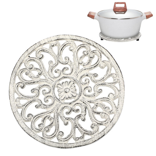 Sumnacon Cast Iron Trivet 6.7 Inch Iron Trivet for Hot Dish Pot Pan Plate Teapot,Heat Resistant Cast Iron Trivet for Kitchen Dining Table Cooktop Stove,Retro White Round Trivet with Rubber Feets Sumnacon Cast Iron Trivet 6.7 Inch Iron Trivet for Hot Dish Pot Pan Plate Teapot,Heat Resistant Cast Iron Trivet for Kitchen Dining Table Cooktop Stove,Retro White Round Trivet with Rubber Feets