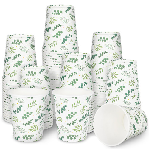 Whaline 50Pcs Eucalyptus Paper Cups 9oz Greenery Disposable Coffee Cups Beverage Drinking Cups for Cold Hot Drinks Wedding Bride Shower Party Supplies