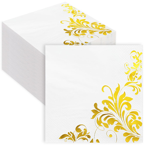 JarThenaAMCS 100 Sheet White Gold Cocktail Napkins 3ply Gold Foil Disposable Beverage Napkins Paper Dinner Napkins for Wedding Birthday Party Supplies