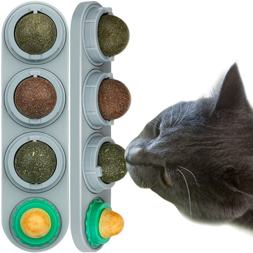 Skylety 2 Pack Catnip Wall Ball Rotatable Removable Self-Adhesive Edible Licking Balls Natural Catnip Silvervine Gall Nut Cat Toys for Indoor Cats Kitten Kitty Chewing Cleaning Teeth (Gray)
