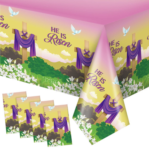 Patelai 4 Pcs Easter Table Cloth 54 x 108 Rectangle He is Risen Tablecloth Easter Plastic Table Cover Religious Easter Tablecloth for Easter Party Home Picnic Dinner
