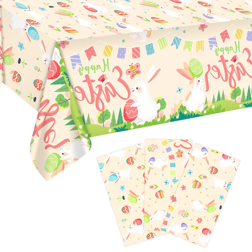 3pcs Easter Tablecloth, 107.87x53.94 Inch Plastic Easter Party Tablecloth Rectangle Bunny Tablecover Spring Tablecloths Easter Eggs Rabbit Table Runner for Easter Party Spring Party