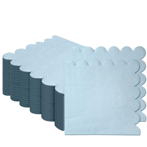 100 Pieces 2-Ply Light Blue Scalloped Napkins Folded 5 x 5 inch Disposable Cocktail Napkins Paper Napkins for Dinner Wedding Birthday Party Baby Blue Beverage Napkins