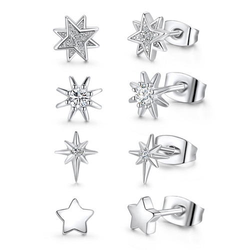 4 Pairs White Gold Star Stud Earrings for Women Hypoallergenic Stud Earrings Set Silver Star Earrings for Sensitive Ears