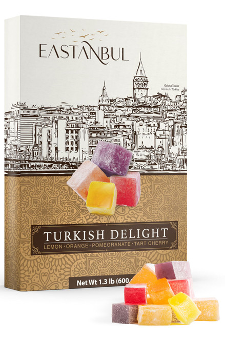 Eastanbul Turkish Delight Candy 21.2oz, 4 Flavors Pomegranate, Orange, Tart Cherry, & Lemon Turkish Delights Assorted, Foreign Candy of Turkish Lokum, Turkish Delight Plain, International Candy Box, Valentine's Day Gift