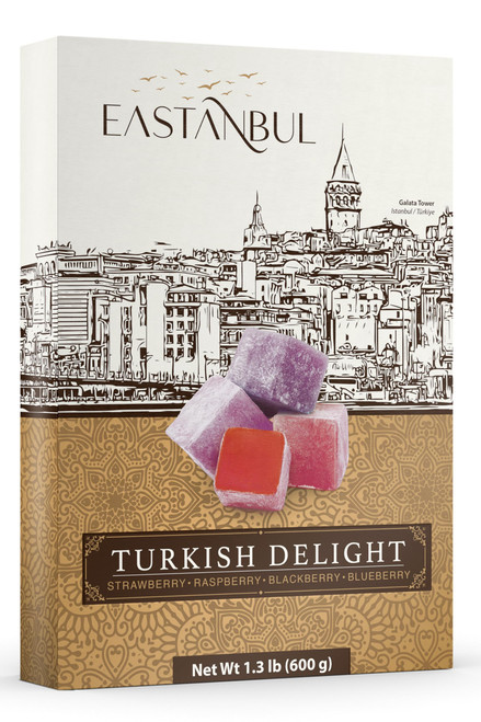 Eastanbul Lokum Traditional Turkish Delight with Strawberry, Peach, Melon, Orange and Blackberry Flavor - Turkish Delights Candy Loukoumi - Mild Candy Gift Box Loqum - 1lb (450g)-Approx. 50 pieces
