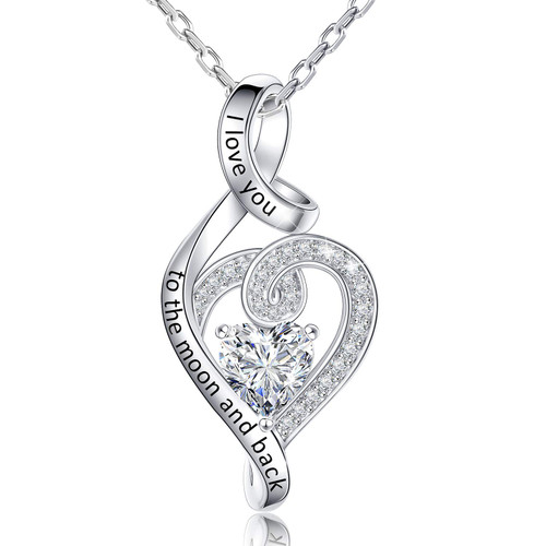 KissYan Mother's day Necklace for Women, 925 Sterling Silver Love Heart Pendant Necklace I Love You to the Moon and Back Necklaces Fine Cubic Zirconia Jewelry Gifts for Wife Mom Daughter Grandmother