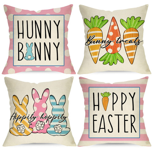 Ussap Happy Easter Hunny Bunny Pink Decorative Throw Pillow Covers 20 x 20 Set of 4, Rabbit Hippity Hoppity Cushion Case Decor, Bunny Treats Carrots Spring Home Decoration for Sofa Couch
