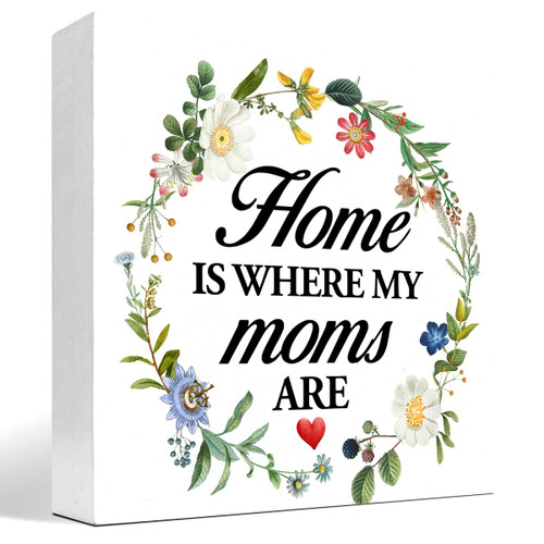 Home is Where My Mom is Wreath Wood Block Sign Desk Decor,Mother's Day Birthday Gifts for Mom,Love Quote Family Wooden Box Plaque Sign Desk Decor for Mother Home Bedroom Shelf Table Decorations