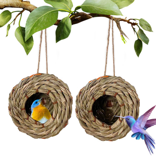 Hand Woven Hummingbird Houses Nest, Grass Bird Hut,Hanging Bird House, for Outside Hanging Bird Grass Hut for Wren Sparrow Finch Canary Chickadee