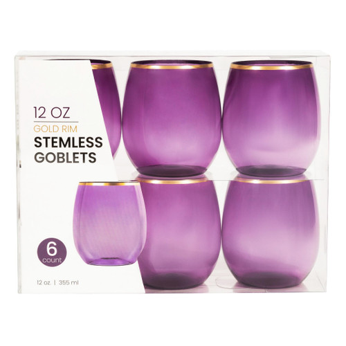 PLASTICPRO 6 Pack Purple With Gold Rim Plastic Wine Glasses Stemless Disposable 12 oz BPA Free Shatterproof Plastic Wine Cups Wine Glasses for Parties PLASTICPRO 6 Pack Purple With Gold Rim Plastic Wine Glasses Stemless Disposable 12 oz BPA Free Shatterproof Plastic Wine Cups Wine Glasses for Parties