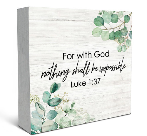 SRADMO Scripture Luke 1:37 for with God Nothing Shall Be Impossible Christian Wood Box Sign Desk Decor,Rustic Eucalyptus Leaves Wooden Block Box Sign Decoration For Home Church Shelf Table Decor