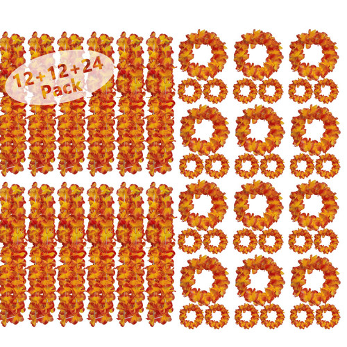 48Pcs Thickened Hawaiian Leis Bulk,Artificial Flower Lei Luau Party Tropical Floral Garlands Jumbo 12 Headband 24 Bracelets 12 Necklace, Tiki Hawaii Beach Summer Wedding Party Graduation Leis