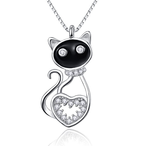 SFERT 925 Sterling Silver Cat Heart Necklace for Women