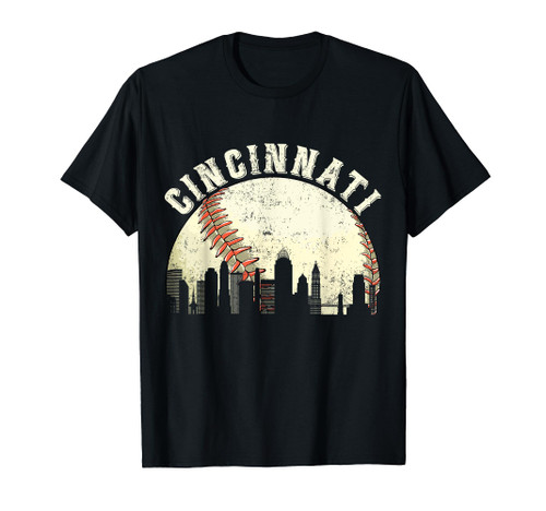 Vintage Cincinnati Cityscape Baseball Lover Men Women Kids T-Shirt