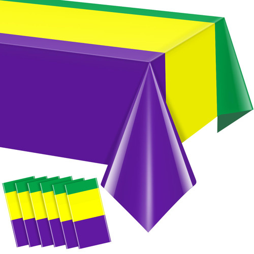 MASHAN 6 Pack Mardi Gras Plastic Tablecloths, Disposable Green Yellow Purple Tri Colored Table Cloth Rectangular Table Cover for Mardi Gras Masquerade Party Decorations and Supplies, 54 * 108inch