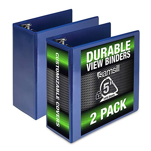 Samsill Durable 5 Inch Binder Blue D-Ring Binder/Customizable Clear View Binder/Bulk Binder 2 Pack/Blue 3 Ring Binder 5 inch