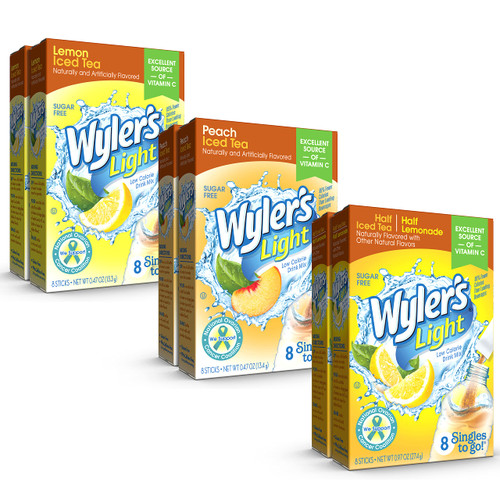 Wyler's Light Singles To Go Powder Drink Mix, 2 Lemon Iced Tea, 2 Peach Iced Tea, 2 Half Iced Tea, Variety Pack, 1 CT