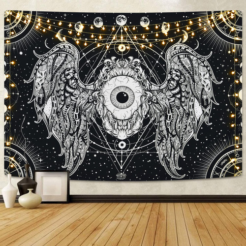 Lyacmy Angel Wings Tapestry Moon Phase Tapestry Mystic Eye Tapestries Black and White Tapestry Psychedelic Tapestry Wall Hanging for Room(51.2 x 59.1 inches)