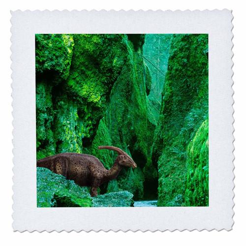 3D Rose Concept of Parasaurolophus Dinosaur in Prehistoric Canyon Square Quilt, 6 x 6