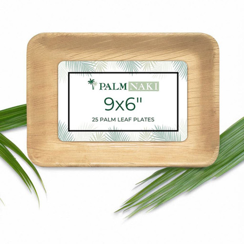 Palm Naki Rectangle Palm Leaf Plates (25 Count) - Disposable Dinnerware, Eco-Friendly, Bamboo-like Compostable and Biodegradable Plates (9x6 Rectangle Plate)