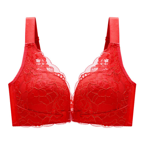Women's Sports Bras Wirefree Padded Bralettes Plus Size Front Closure T-Shirt Bra Push Up Lace Bra with Soft Support Red