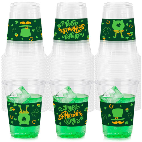 50 Pack 12oz St. Patrick's Day Party Cups, St. Patrick Disposable Clear Plastic Cups for St. Patrick Irish Birthday Party Beer Beverage Ice Cream Snacks Party Decoration Supplies