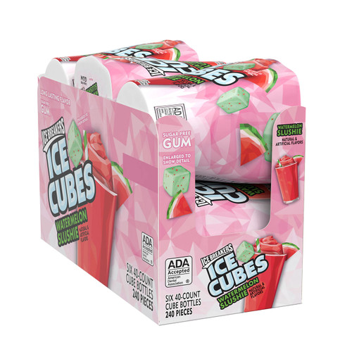 ICE BREAKERS ICE CUBES Watermelon Slushie Flavored, Made with Xylitol Sugar Free Chewing Gum Bottles, 3.24 oz (6 Count, 40 Pieces) ICE BREAKERS ICE CUBES Watermelon Slushie Flavored, Made with Xylitol Sugar Free Chewing Gum Bottles, 3.24 oz (6 Count, 40 Pieces)