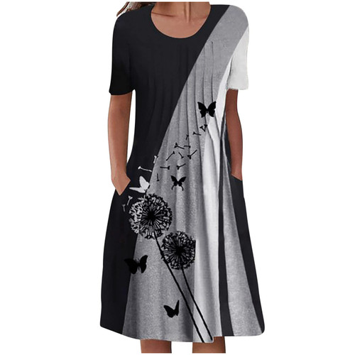 White Dress Women Sun Dresses for Women Casual Short Sleeve Tshirt Dresses Floral Printed Pleated Loose Flowy Summer Midi Dress Todays Deals