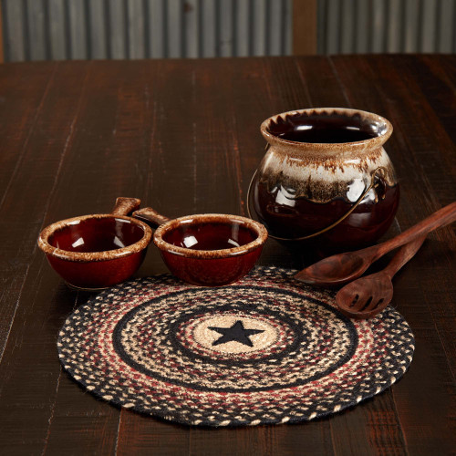 VHC Brands Colonial Star Trivet Hot Pad for Pots Pans, Tan Black Red, Jute Blend, Round Circle, 15 Inches VHC Brands Colonial Star Trivet Hot Pad for Pots Pans, Tan Black Red, Jute Blend, Round Circle, 15 Inches