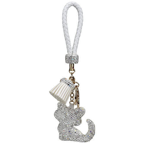 Mrotasvi Cute Cat Bling Rhinestone Keychain leather Key Chain and Charm for Handbags Purse Backpack Belts -White