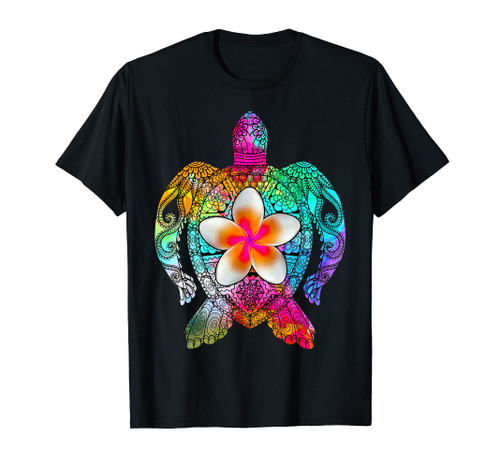 Sea Turtle Colorful Tribal Hawaiian Turtles Plumeria Flower T-Shirt