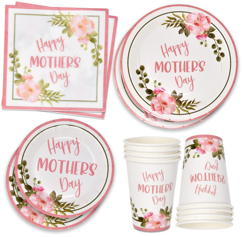Happy Mother's Day Party Supplies Tableware Set 24 9" Paper Plates 24 7" Plates 24 9 Oz Cups 50 Lunch Napkins for Mothers Best Mom Ever Spring Flowers Theme Disposable Birthday Dinnerware Decorations
