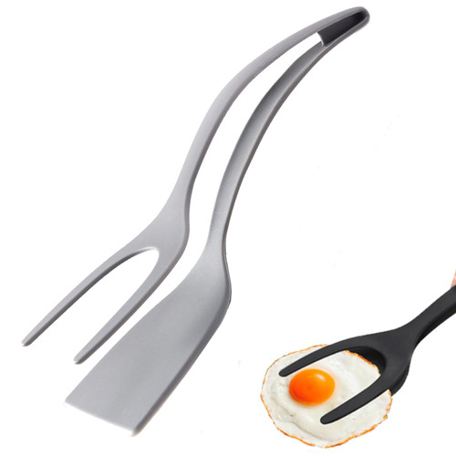 2 in 1 Egg Spatula, Grip and Flip Spatula Tongs Egg Flipper Tong, Fried Egg Spatula Pancake Fish French Toast Omelet Making Spatula Tongs Kitchen Cooking Tool (Grey)