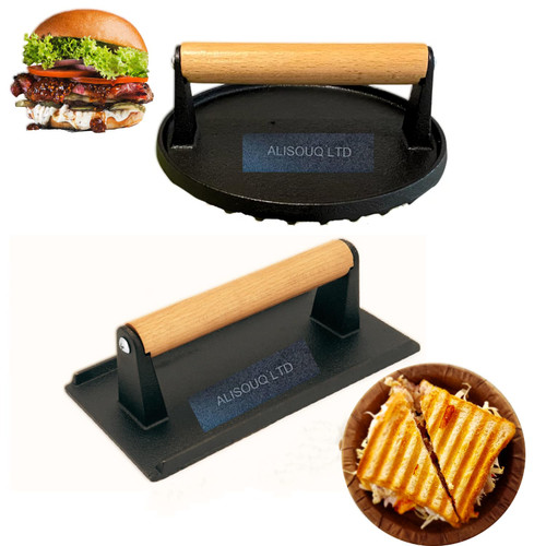 ALISOUQ 2Pcs Burger Smasher, Burger Smasher for Griddle, Heavy Duty Burger Press for Professional-Quality Patties, Hamburger Press with Wood Handle grilling Panini, Steaks, Bacon (Round & Rectangle)
