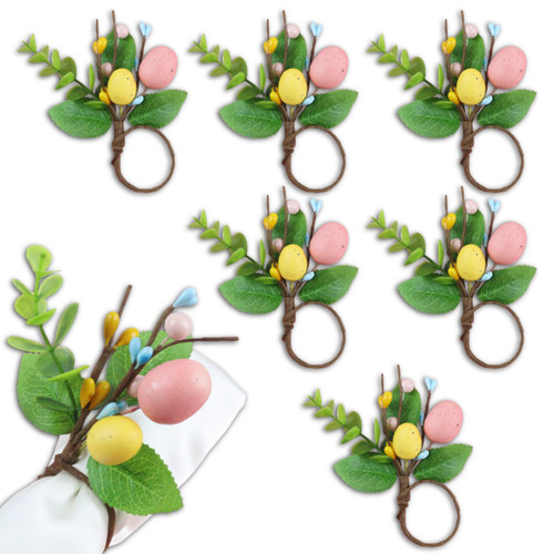 Brihasory Easter Napkin Rings Set of 6, Spring Eggs Wood Holiday Napkin Rings Handmade Eucalyptus Leaf Green Easter Napkin Holder Table Decor for Farmhouse Garden Dinner Weddings Christmas Party