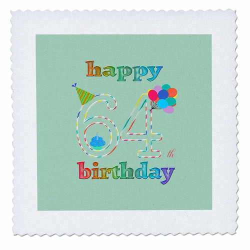 3dRose Happy 64th Birthday, Cupcake with Candle, Balloons, Hat,... - Quilt Squares (qs_352213_6)