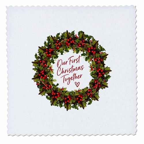 3dRose Our First Christmas- Holly Wreath with red Text on White... - Quilt Squares (qs_352538_6)